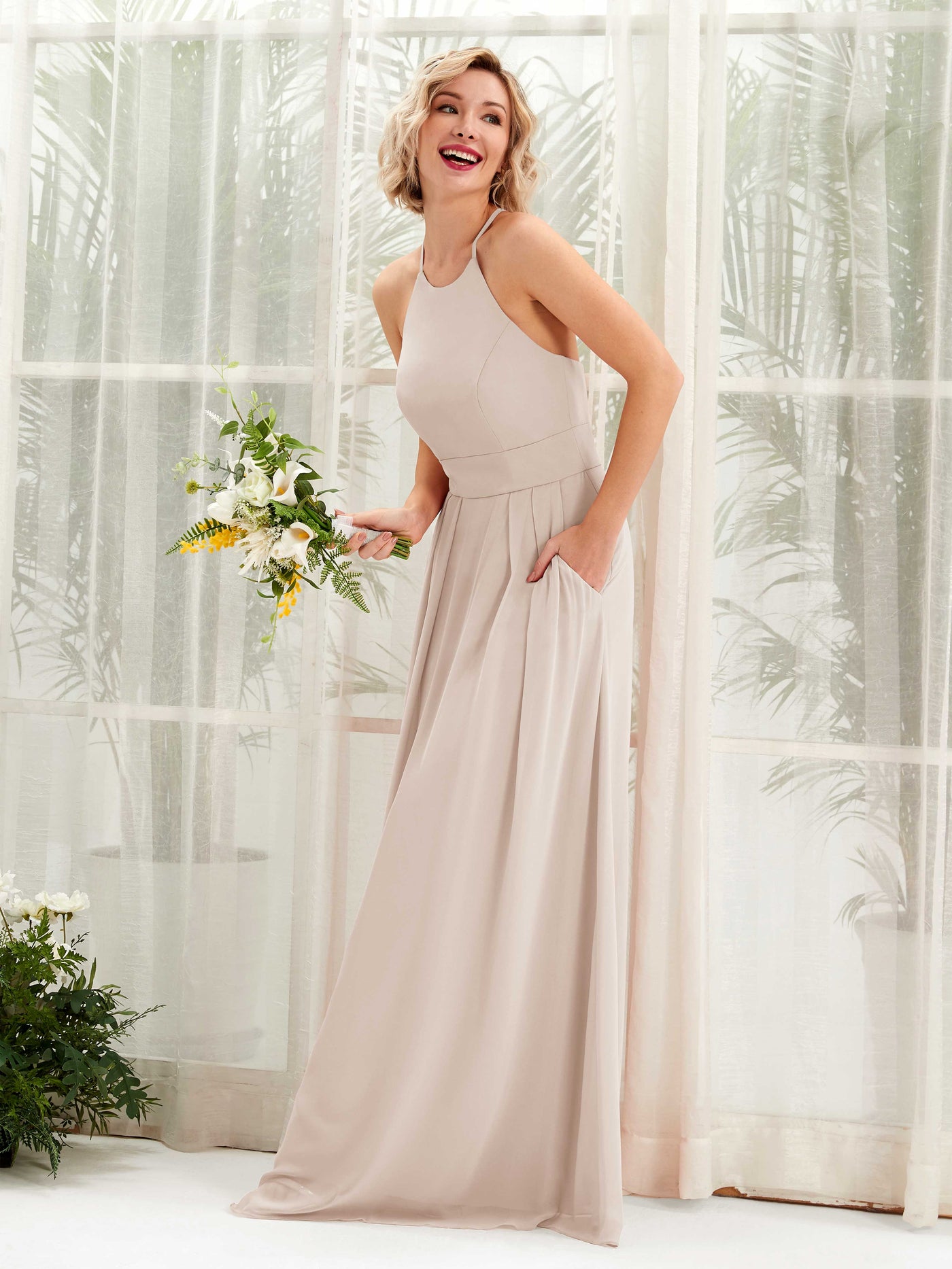 Champagne Bridesmaid Dresses Bridesmaid Dress A-line Chiffon Halter Full Length Sleeveless Wedding Party Dress (81225216)#color_champagne