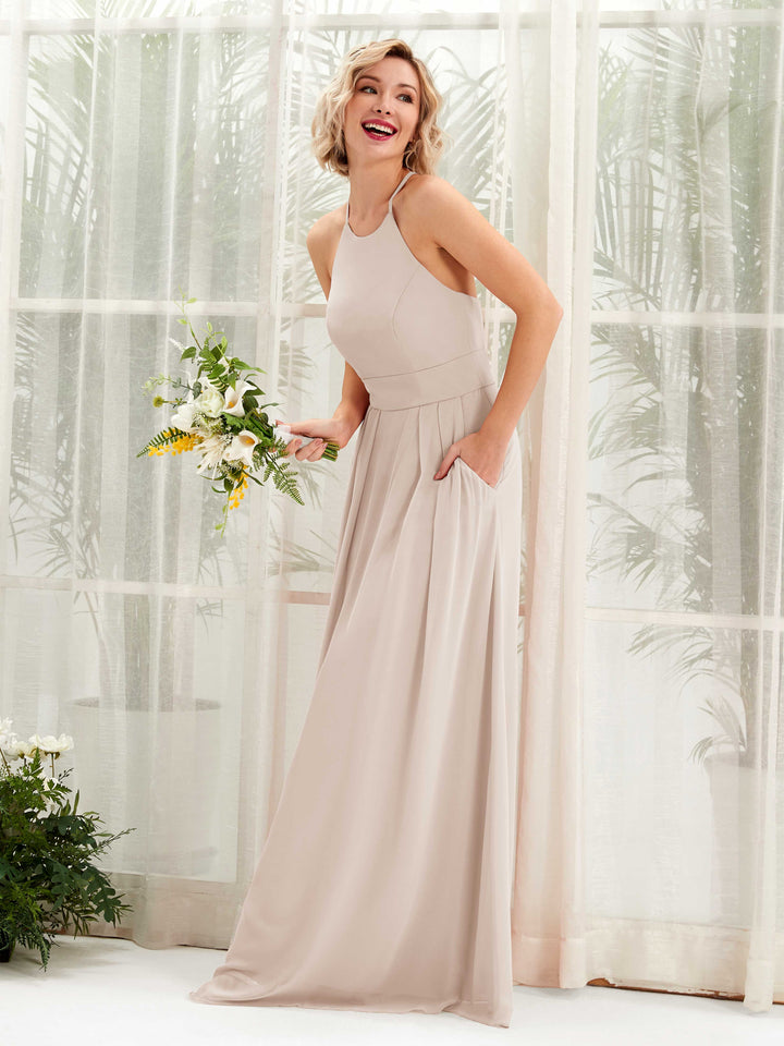 Champagne Bridesmaid Dresses Bridesmaid Dress A-line Chiffon Halter Full Length Sleeveless Wedding Party Dress (81225216)