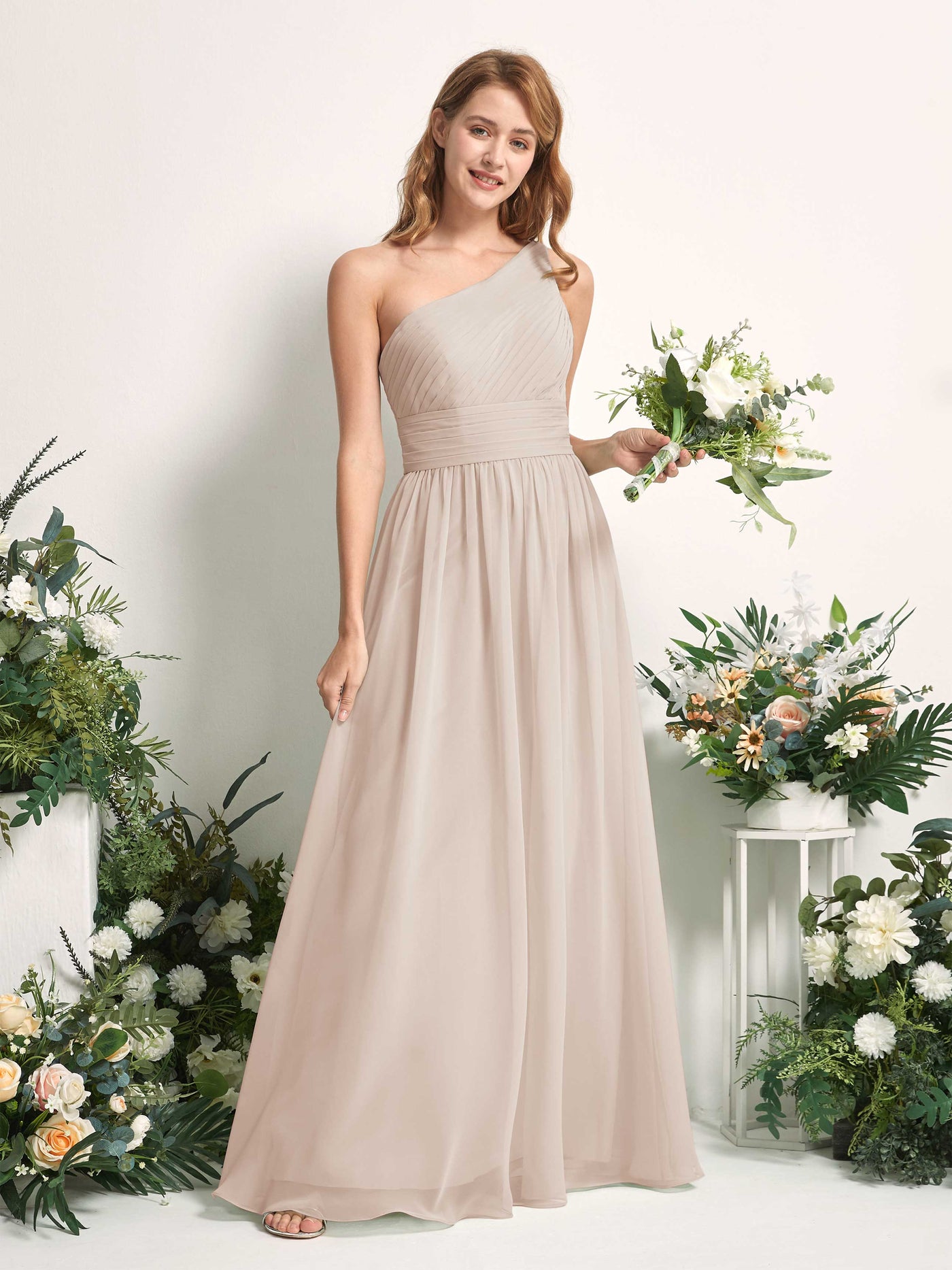 Bridesmaid Dress A-line Chiffon One Shoulder Full Length Sleeveless Wedding Party Dress - Champagne (81226716)#color_champagne