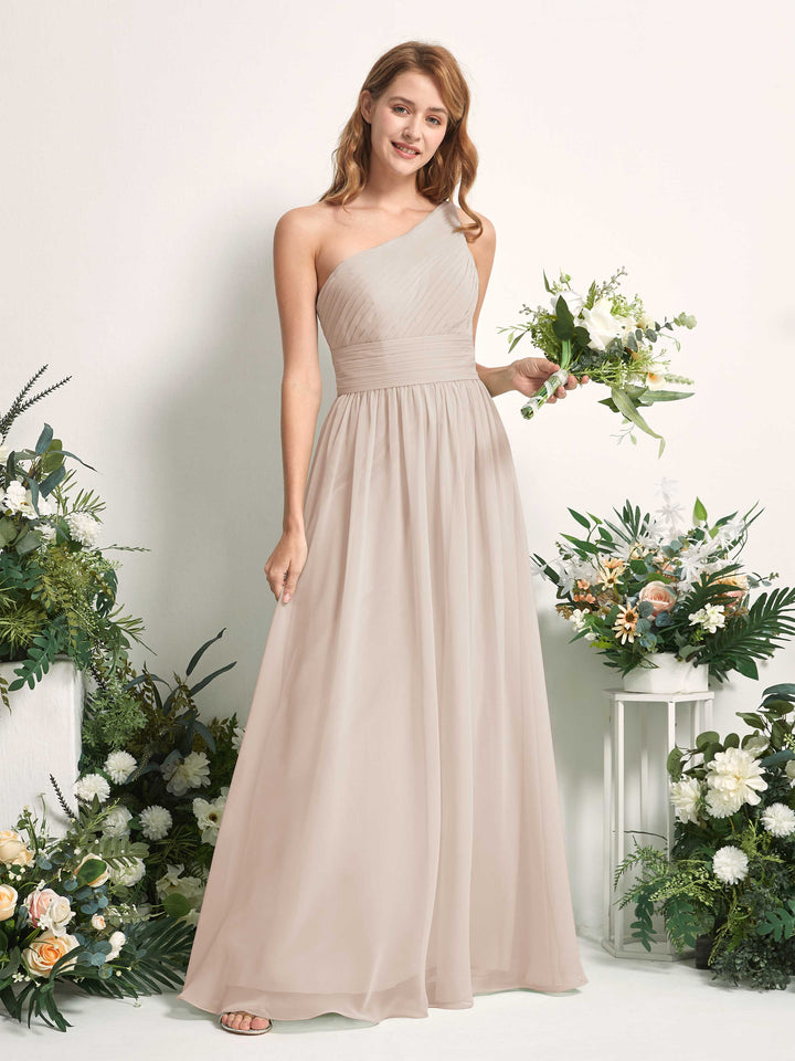 Bridesmaid Dress A-line Chiffon One Shoulder Full Length Sleeveless Wedding Party Dress - Champagne (81226716)
