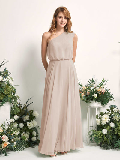 Carlyna Cecily A-Line Champagne Bridesmaid Dress Maxi Sleeveless One Shoulder Dress Front View #color_champagne