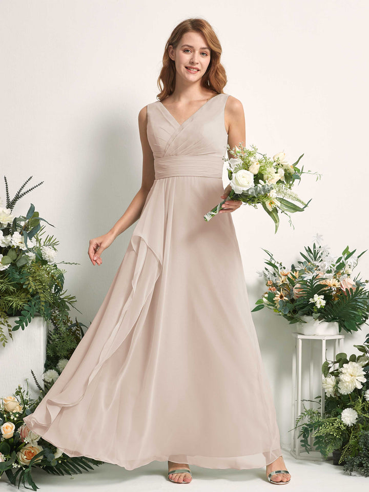 Bridesmaid Dress A-line Chiffon V-neck Full Length Sleeveless Wedding Party Dress - Champagne (81227116)