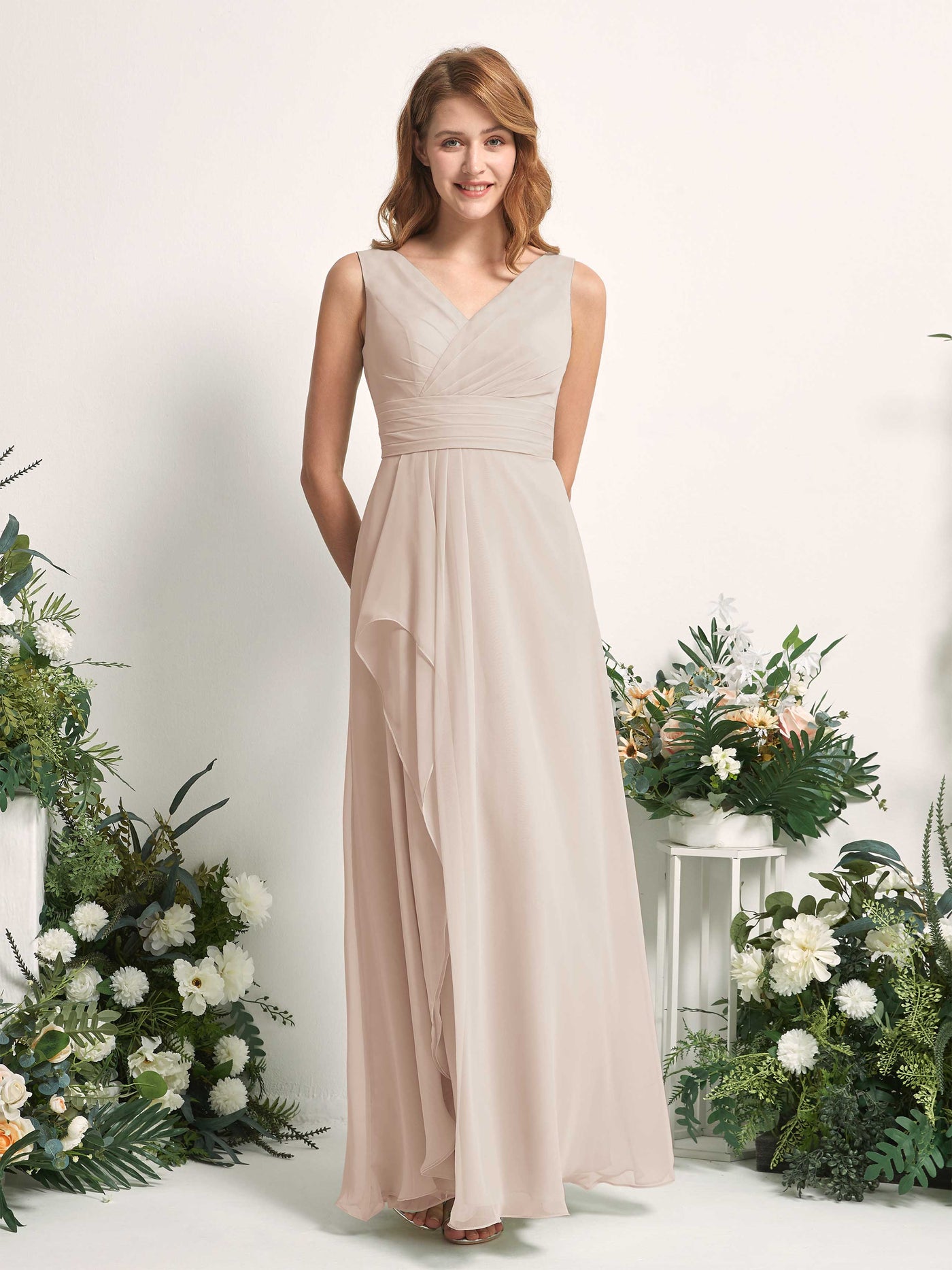 Bridesmaid Dress A-line Chiffon V-neck Full Length Sleeveless Wedding Party Dress - Champagne (81227116)#color_champagne