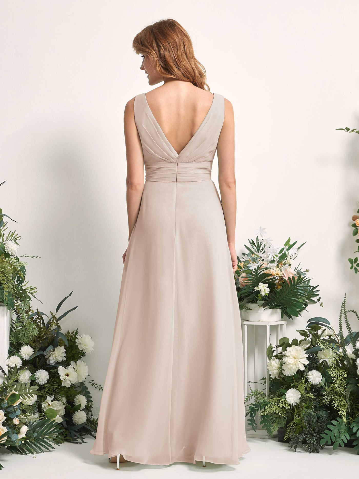 Bridesmaid Dress A-line Chiffon V-neck Full Length Sleeveless Wedding Party Dress - Champagne (81227116)#color_champagne