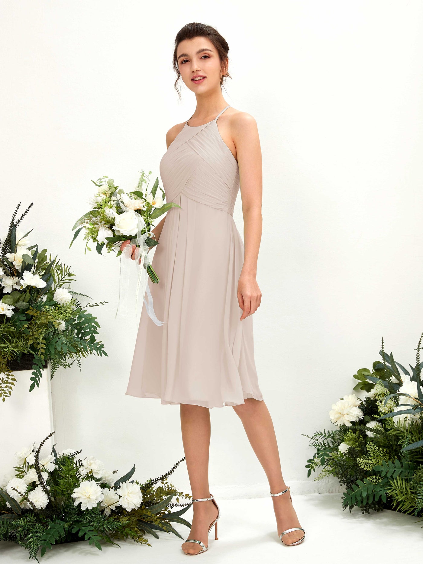 Champagne Bridesmaid Dresses Bridesmaid Dress A-line Chiffon Halter Knee Length Sleeveless Wedding Party Dress (81220416)#color_champagne