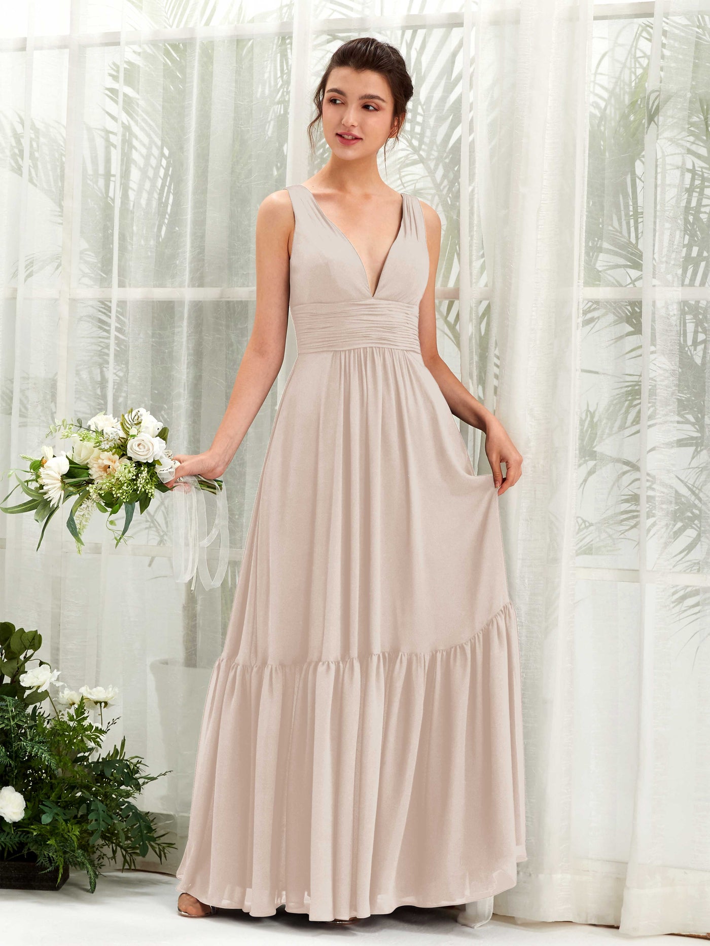 Champagne Bridesmaid Dresses Bridesmaid Dress A-line Chiffon Straps Full Length Sleeveless Wedding Party Dress (80223716)#color_champagne