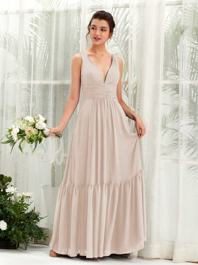 Carlyna Alissa A-Line Champagne Bridesmaid Dress Maxi Sleeveless V-Neck Dress Front View #color_champagne