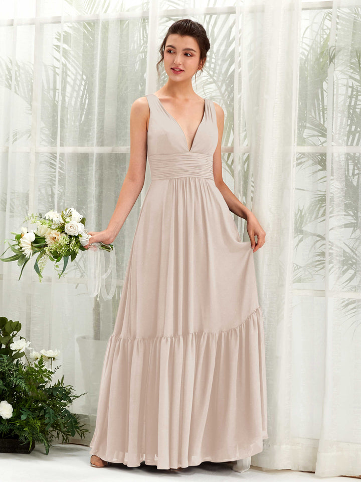 Champagne Bridesmaid Dresses Bridesmaid Dress A-line Chiffon Straps Full Length Sleeveless Wedding Party Dress (80223716)