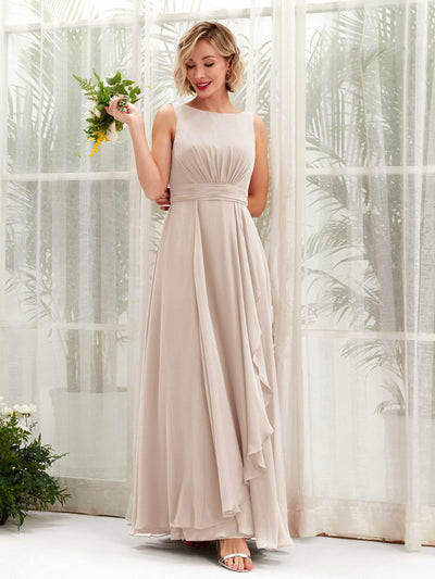 Carlyna Brianna A-Line Champagne Bridesmaid Dress Maxi Sleeveless Boat Neck Dress Front View #color_champagne