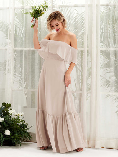 Carlyna Joie A-Line Champagne Bridesmaid Dress Maxi Sleeveless Off the Shoulder Dress Front View #color_champagne