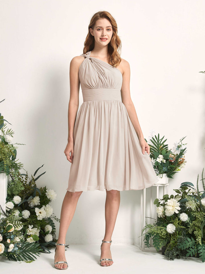 Bridesmaid Dress A-line Chiffon One Shoulder Knee Length Sleeveless Wedding Party Dress - Champagne (81221216)