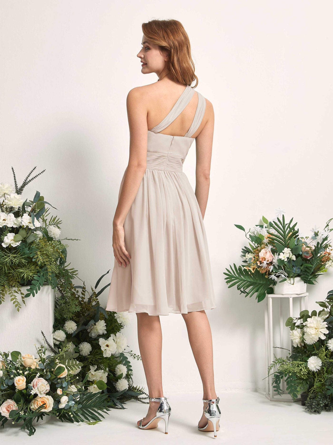 Bridesmaid Dress A-line Chiffon One Shoulder Knee Length Sleeveless Wedding Party Dress - Champagne (81221216)#color_champagne
