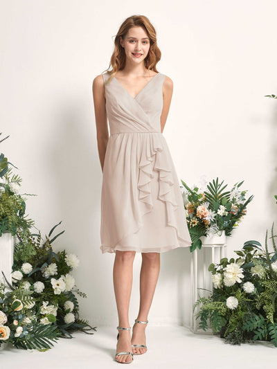 Carlyna Alisha A-Line Champagne Bridesmaid Dress Knee-Length Sleeveless V-Neck Dress Front View #color_champagne