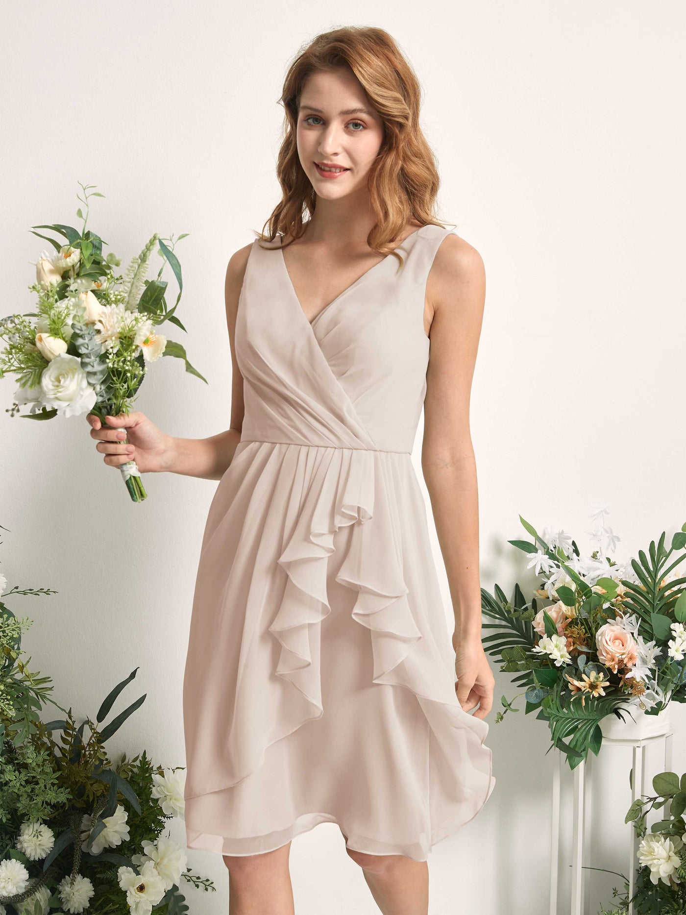 Bridesmaid Dress A-line Chiffon Straps Knee Length Sleeveless Wedding Party Dress - Champagne (81226616)#color_champagne