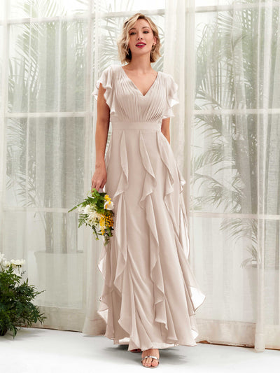 A-line Open back V-neck Short Sleeves Chiffon Bridesmaid Dress - Champagne (81226016)#color_champagne