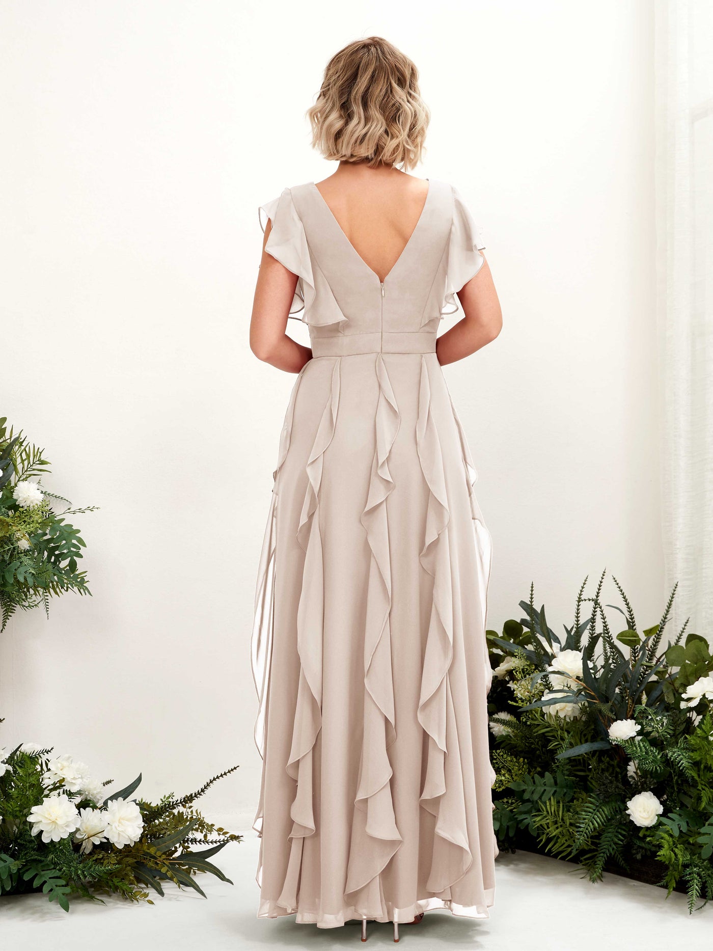 A-line Open back V-neck Short Sleeves Chiffon Bridesmaid Dress - Champagne (81226016)#color_champagne