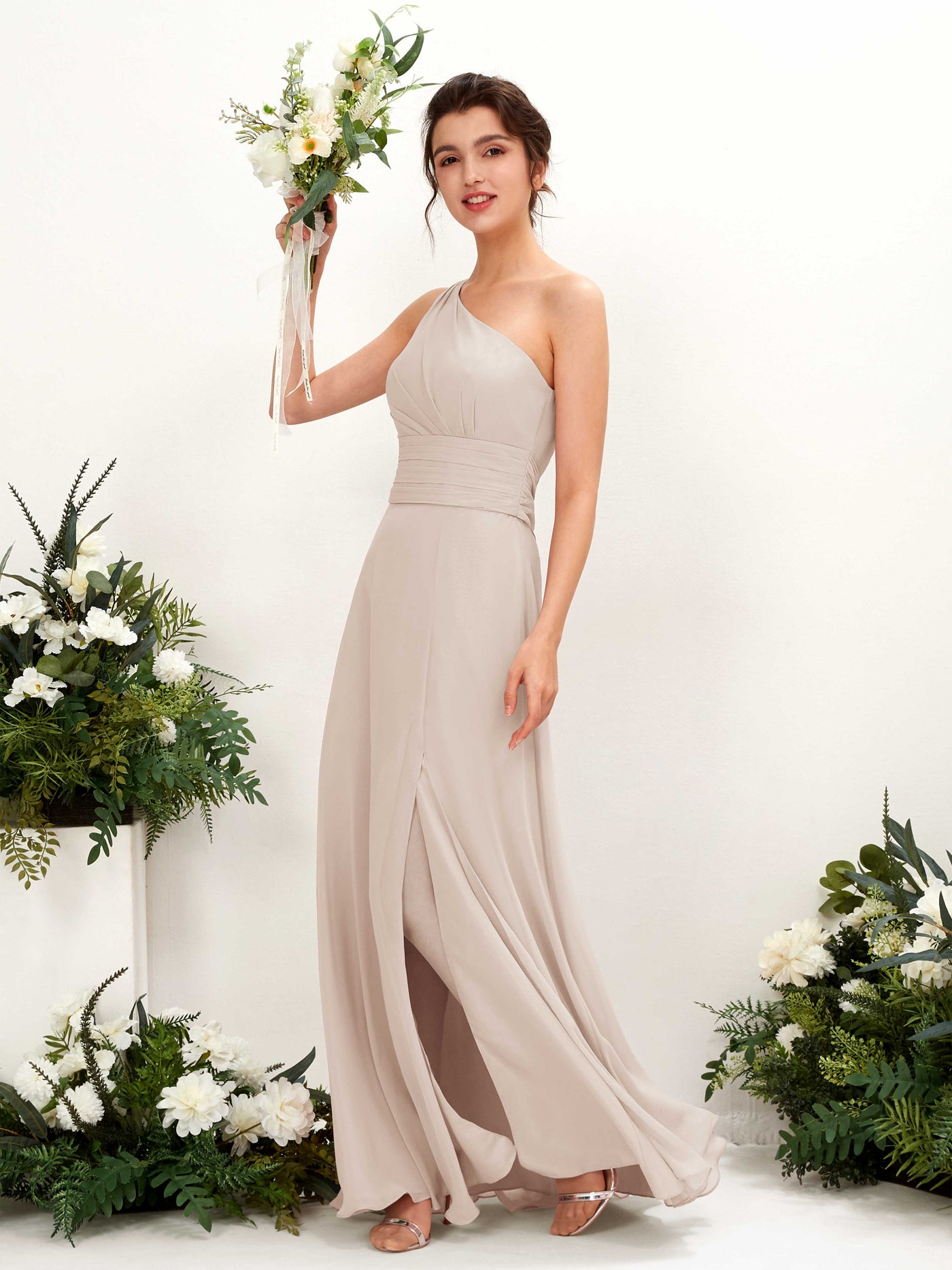Champagne Bridesmaid Dresses Bridesmaid Dress A-line Chiffon One Shoulder Full Length Sleeveless Wedding Party Dress (81224716)#color_champagne