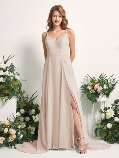 Carlyna Marcia A-Line Champagne Bridesmaid Dress Maxi Sleeveless V-Neck Dress Front View #color_champagne
