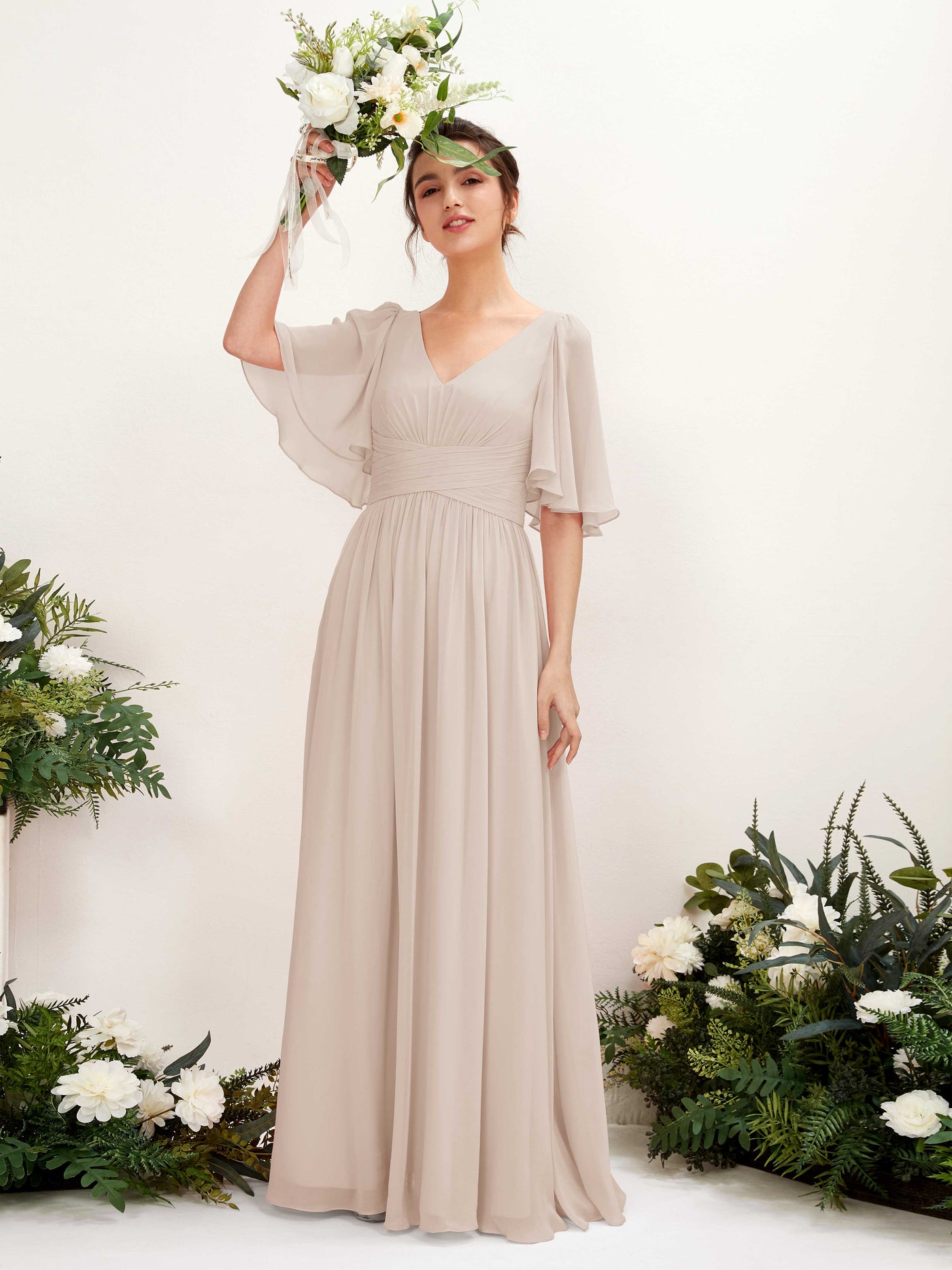 Champagne Bridesmaid Dresses Bridesmaid Dress A-line Chiffon V-neck Full Length 1/2 Sleeves Wedding Party Dress (81221616)#color_champagne