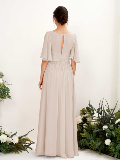 Carlyna Odette A-Line Champagne Bridesmaid Dress Maxi Short Sleeve V-Neck Dress Back View #color_champagne