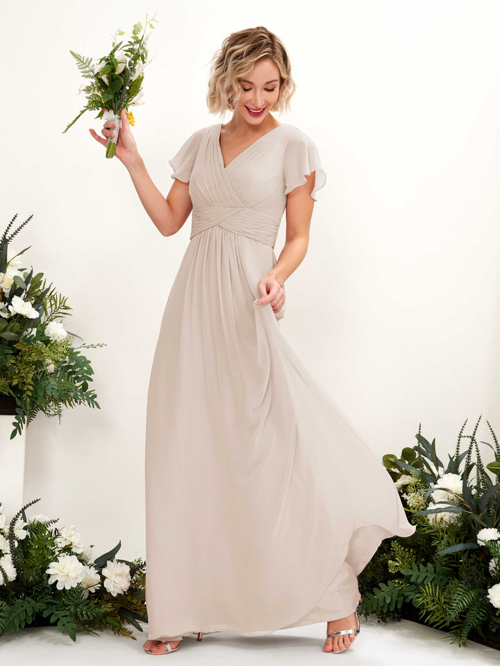 Champagne Bridesmaid Dresses Bridesmaid Dress A-line Chiffon V-neck Full Length Short Sleeves Wedding Party Dress (81224316)