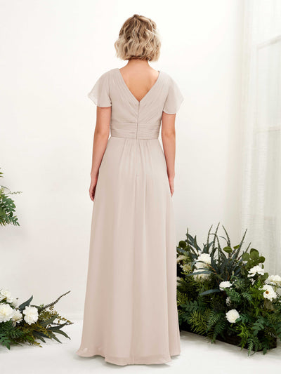 Carlyna Tolly A-Line Champagne Bridesmaid Dress Maxi Cap Sleeve V-Neck Dress Back View #color_champagne