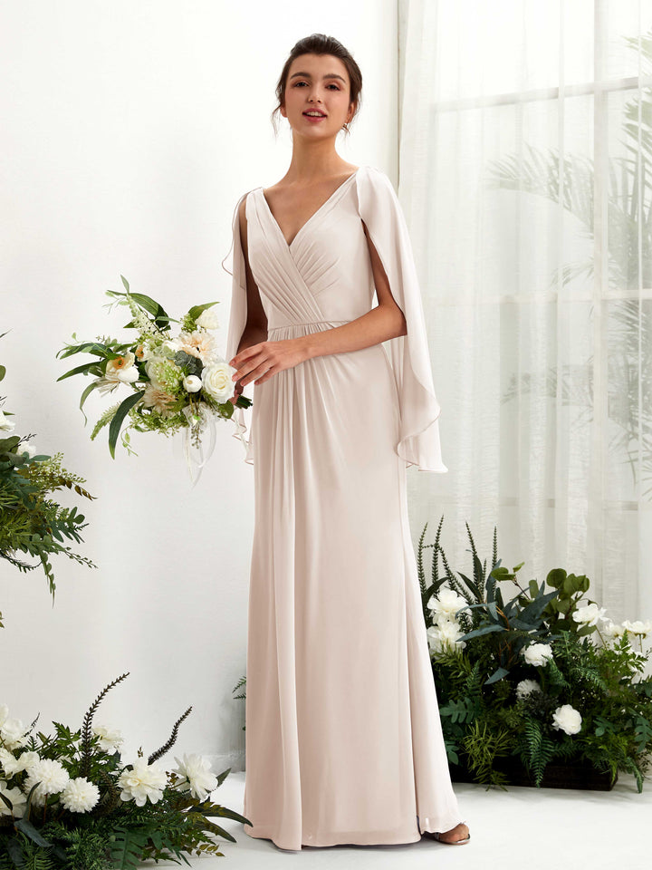 Champagne Bridesmaid Dresses Bridesmaid Dress A-line Chiffon Straps Full Length Long Sleeves Wedding Party Dress (80220116)