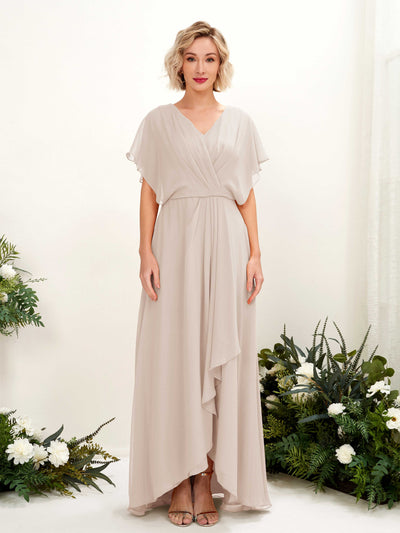 Carlyna Soleil A-Line Champagne Bridesmaid Dress Maxi Short Sleeve V-Neck Dress Front View #color_champagne