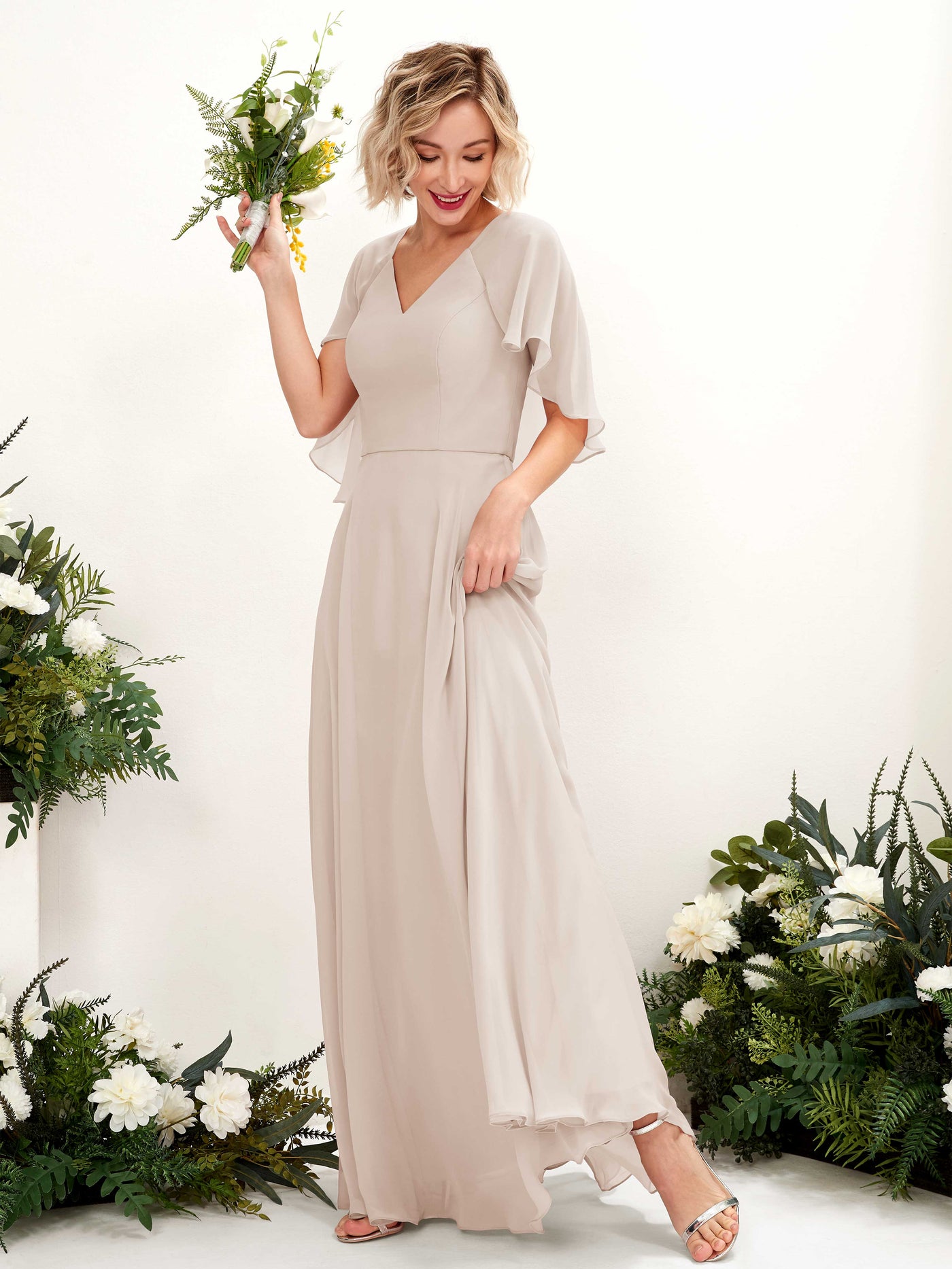 Champagne Bridesmaid Dresses Bridesmaid Dress A-line Chiffon V-neck Full Length Short Sleeves Wedding Party Dress (81224416)#color_champagne