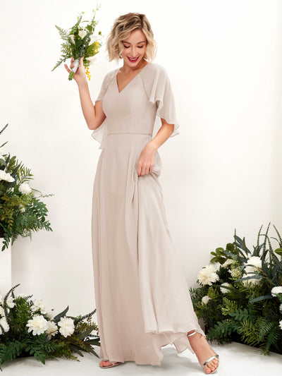 Carlyna Winnie A-Line Champagne Bridesmaid Dress Maxi Short Sleeve V-Neck Dress Front View #color_champagne