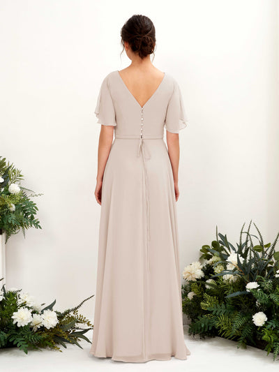 Carlyna Daphne A-Line Champagne Bridesmaid Dress Maxi Short Sleeve V-Neck Dress Back View #color_champagne