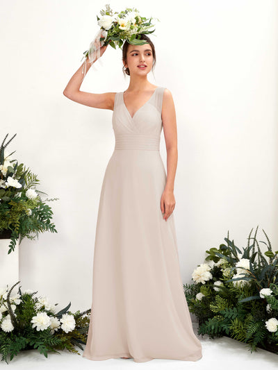 Carlyna Karen A-Line Champagne Bridesmaid Dress Maxi Sleeveless V-Neck Dress Front View #color_champagne
