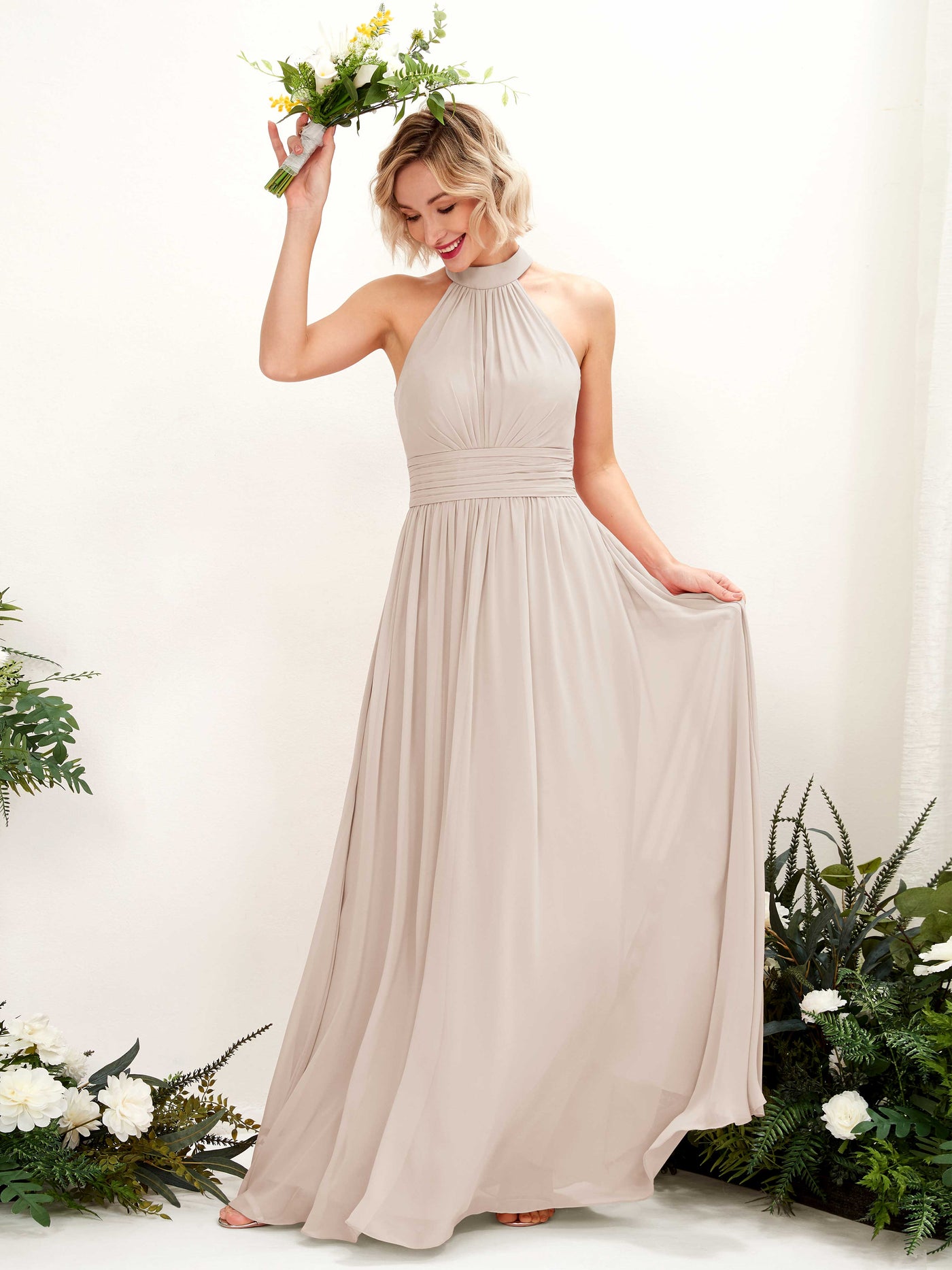 Champagne Bridesmaid Dresses Bridesmaid Dress A-line Chiffon Halter Full Length Sleeveless Wedding Party Dress (81225316)#color_champagne