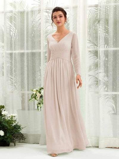 Champagne Bridesmaid Dresses Bridesmaid Dress A-line Chiffon V-neck Full Length Long Sleeves Wedding Party Dress (81220316)#color_champagne