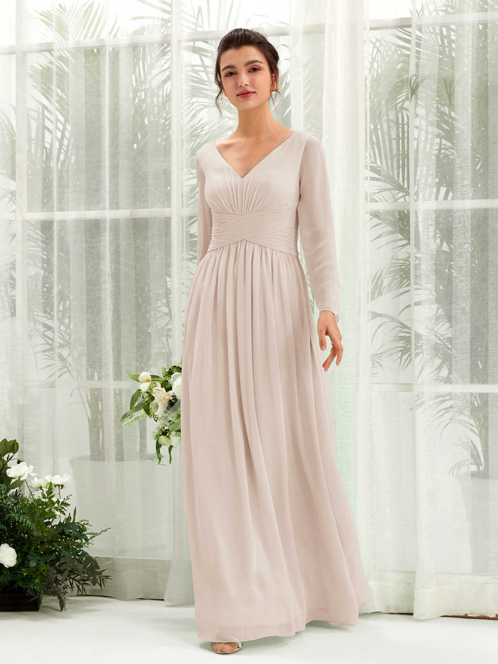 Champagne Bridesmaid Dresses Bridesmaid Dress A-line Chiffon V-neck Full Length Long Sleeves Wedding Party Dress (81220316)