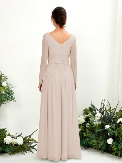 Carlyna Coline A-Line Champagne Bridesmaid Dress Maxi Long Sleeve V-Neck Back View #color_champagne