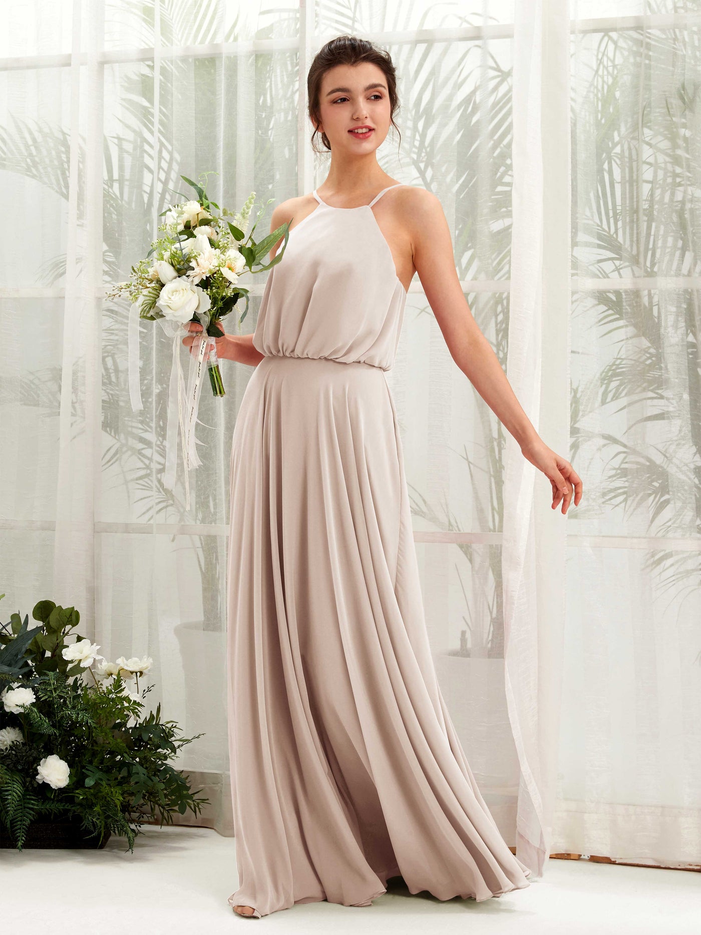 Champagne Bridesmaid Dresses Bridesmaid Dress Ball Gown Chiffon Halter Full Length Sleeveless Wedding Party Dress (81223416)#color_champagne