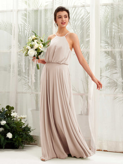 Carlyna Alva A-Line Champagne Bridesmaid Dress Maxi Sleeveless Halter Dress Front View #color_champagne