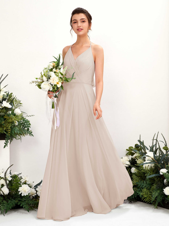 Halter V-neck Sleeveless Chiffon Bridesmaid Dress - Champagne (81221016)