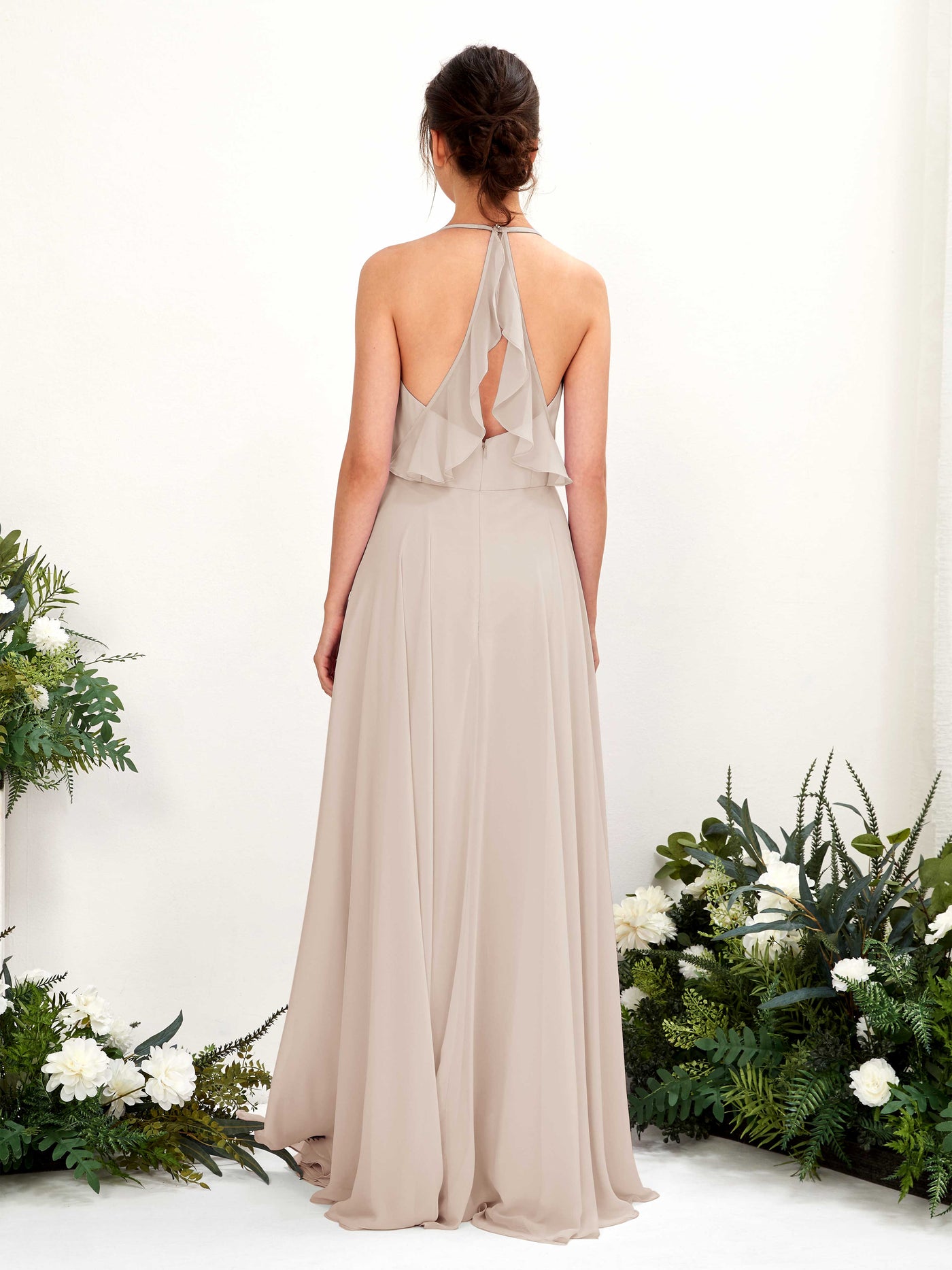 Halter V-neck Sleeveless Chiffon Bridesmaid Dress - Champagne (81221016)#color_champagne