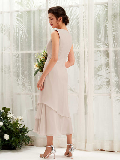 Carlyna Raina Mermaid Champagne Bridesmaid Dress Midi Sleeveless Round Neck Dress Back View #color_champagne