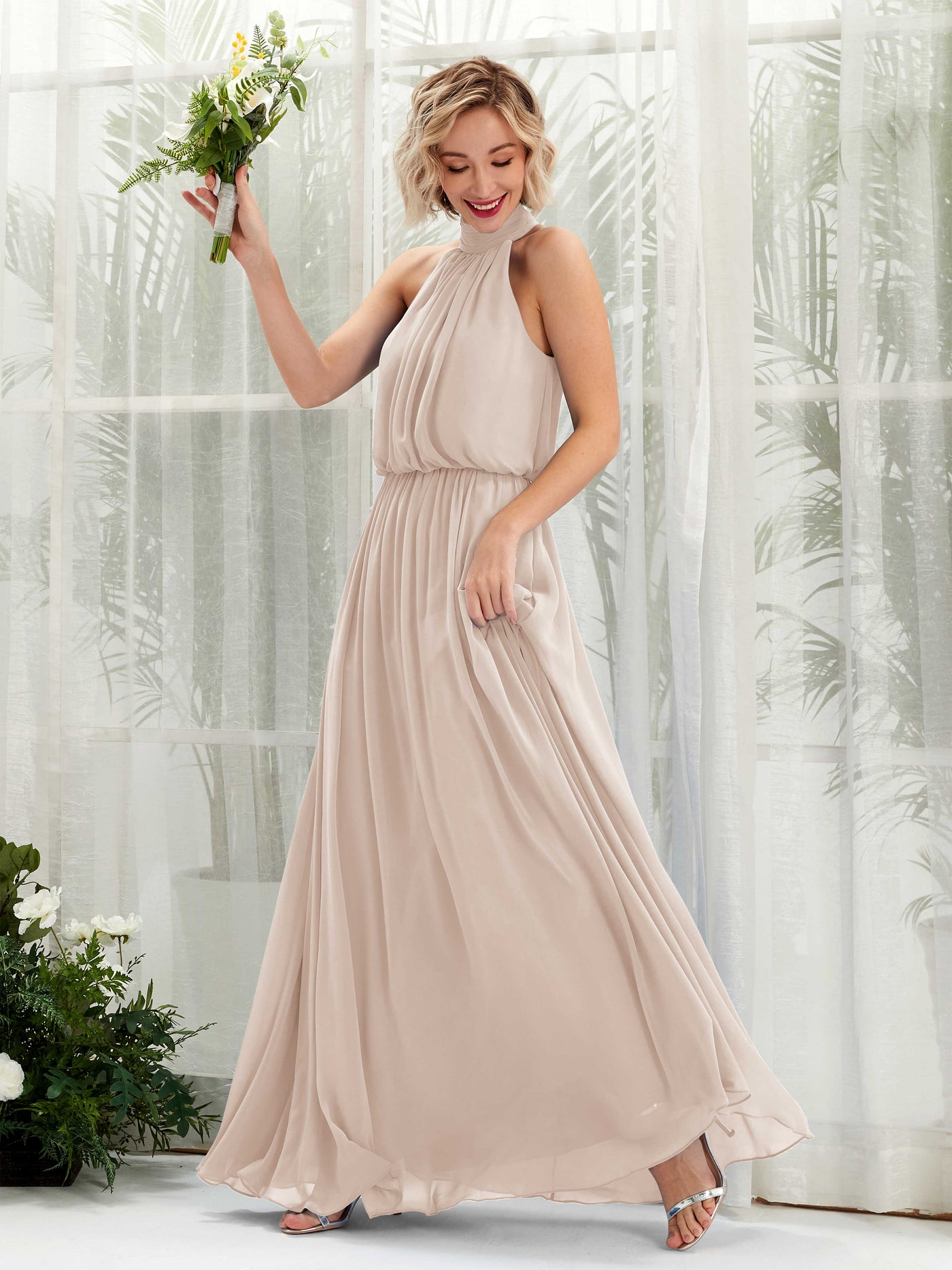 Champagne Bridesmaid Dresses Bridesmaid Dress A-line Chiffon Halter Full Length Sleeveless Wedding Party Dress (81222916)#color_champagne