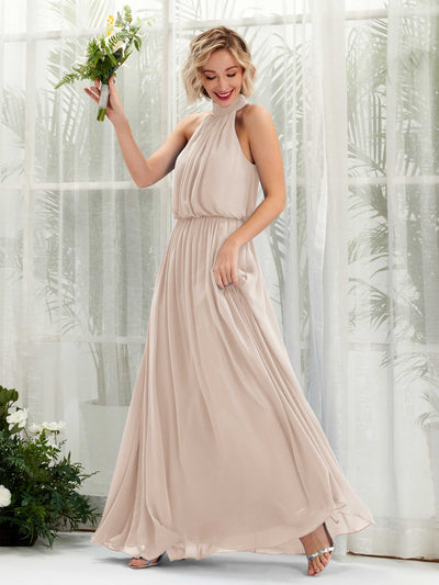 Carlyna Bess A-Line Champagne Bridesmaid Dress Maxi Sleeveless Halter Dress Front View #color_champagne