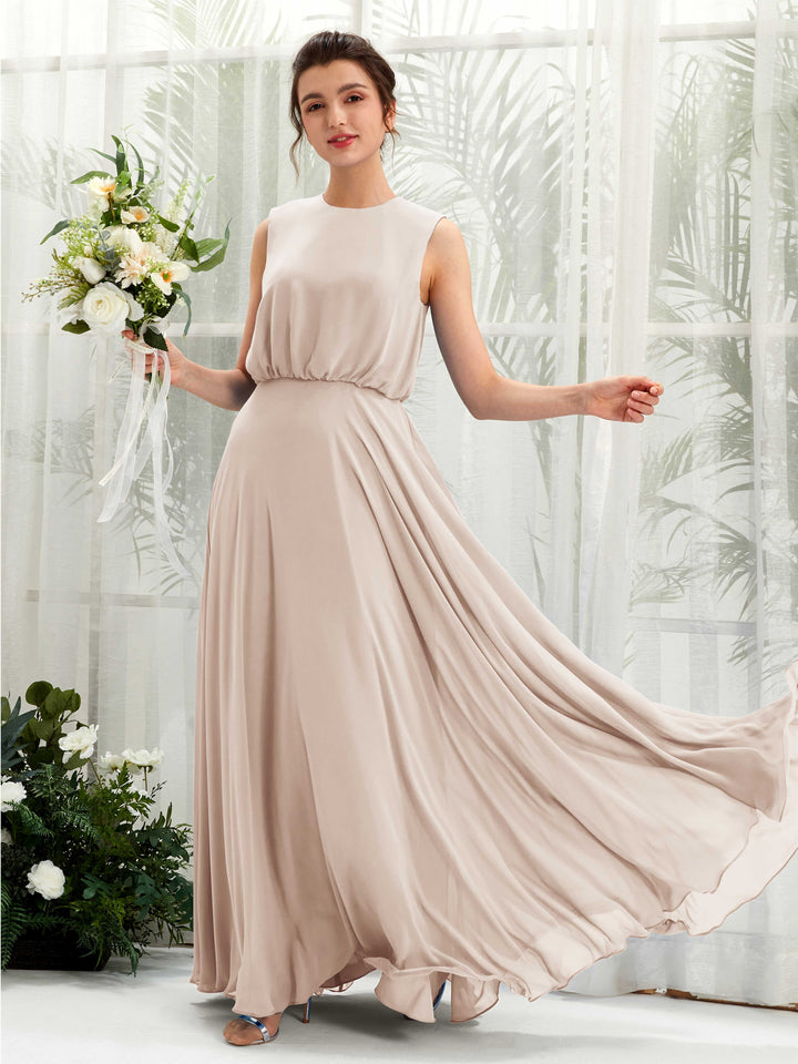 Champagne Bridesmaid Dresses Bridesmaid Dress A-line Chiffon Round Full Length Sleeveless Wedding Party Dress (81222816)