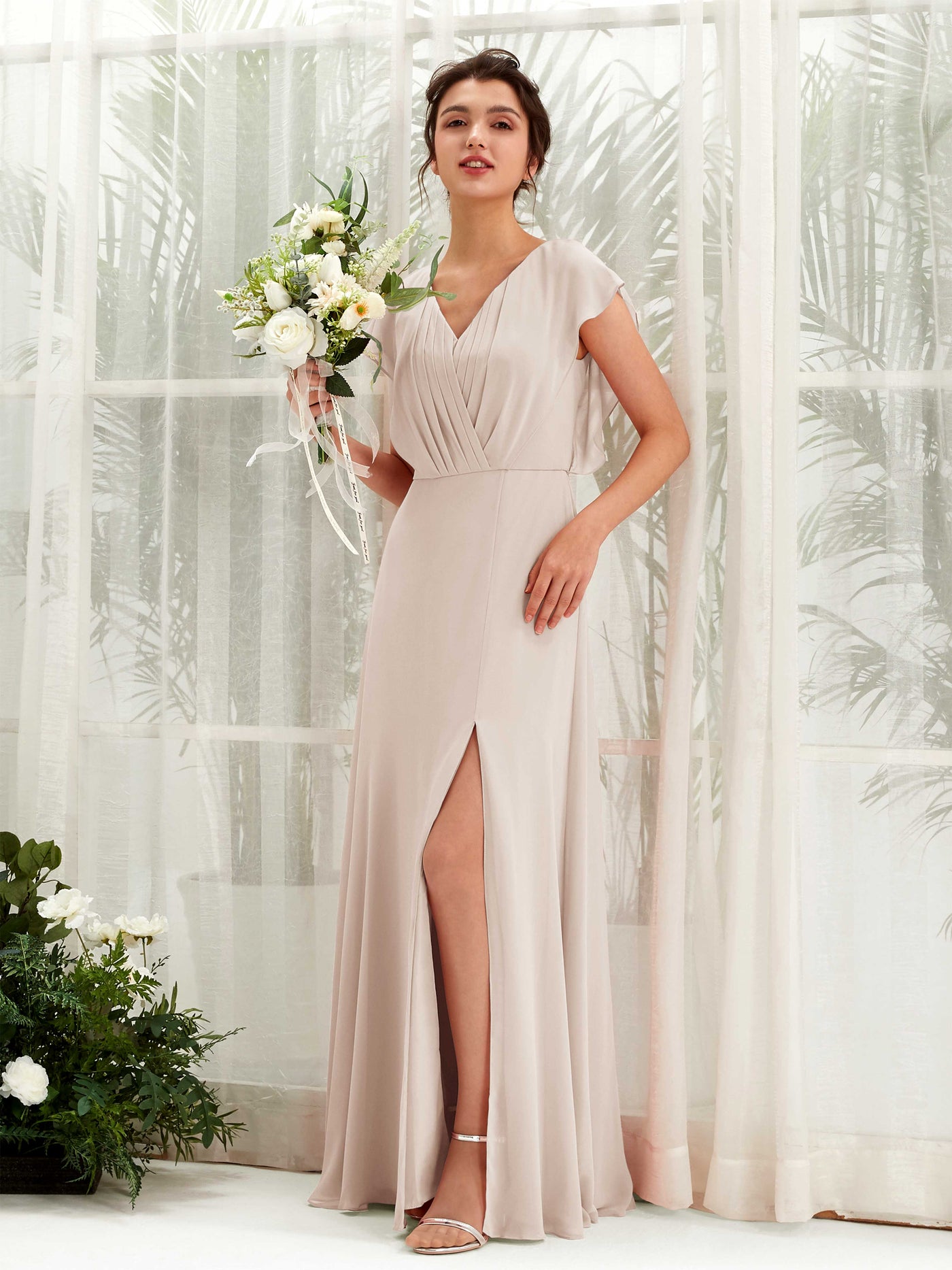 Champagne Bridesmaid Dresses Bridesmaid Dress A-line Chiffon V-neck Full Length Short Sleeves Wedding Party Dress (81225616)#color_champagne