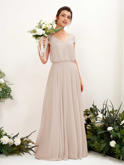 Carlyna Pauline A-Line Champagne Bridesmaid Dress Maxi Cap Sleeve V-Neck Dress Front View #color_champagne