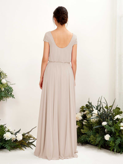 Carlyna Pauline A-Line Champagne Bridesmaid Dress Maxi Cap Sleeve V-Neck Dress Back View #color_champagne