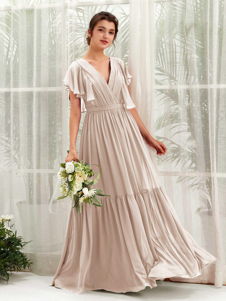 Champagne Bridesmaid Dresses Bridesmaid Dress A-line Chiffon V-neck Full Length Short Sleeves Wedding Party Dress (81225916)