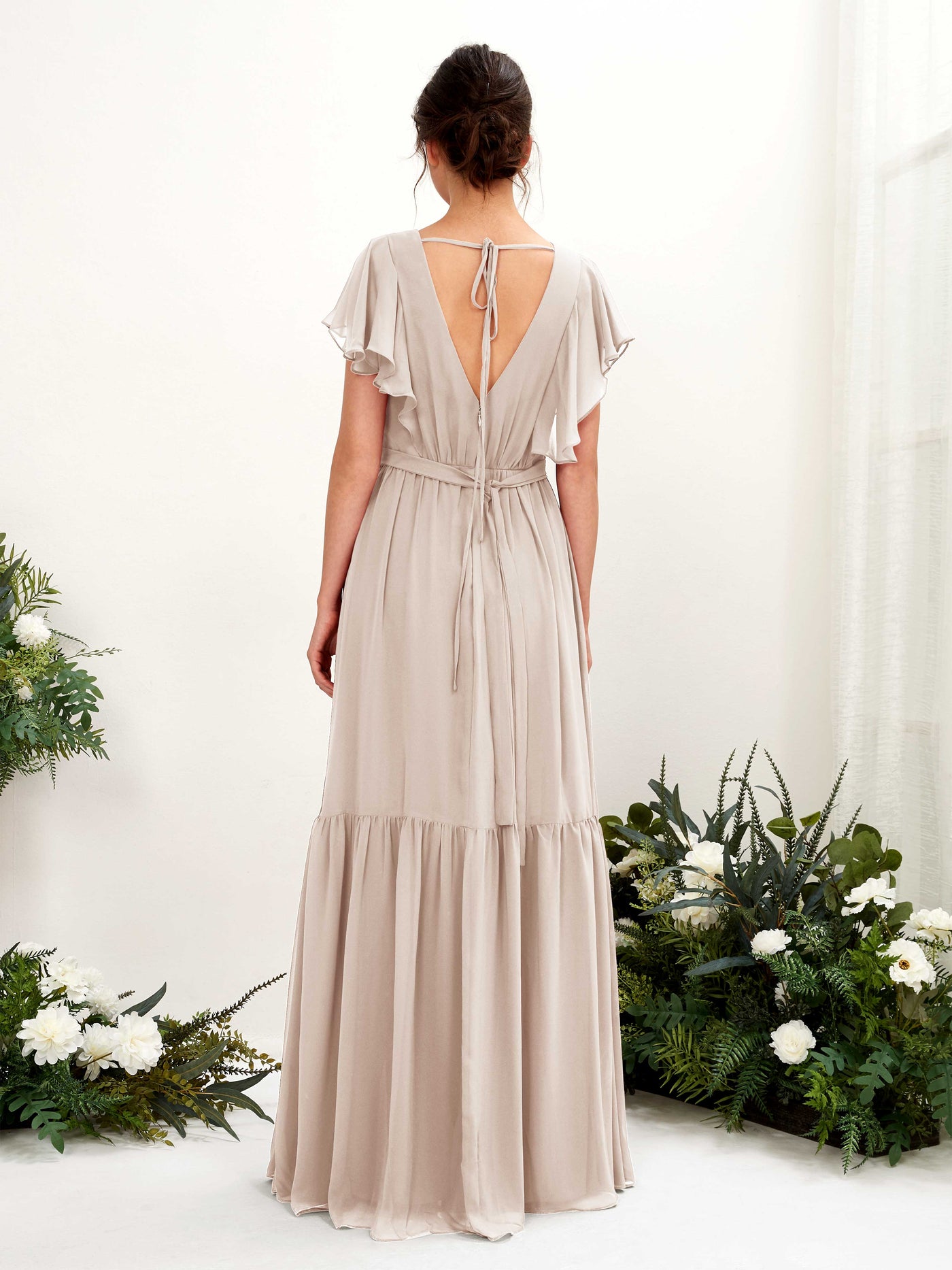 Champagne Bridesmaid Dresses Bridesmaid Dress A-line Chiffon V-neck Full Length Short Sleeves Wedding Party Dress (81225916)#color_champagne