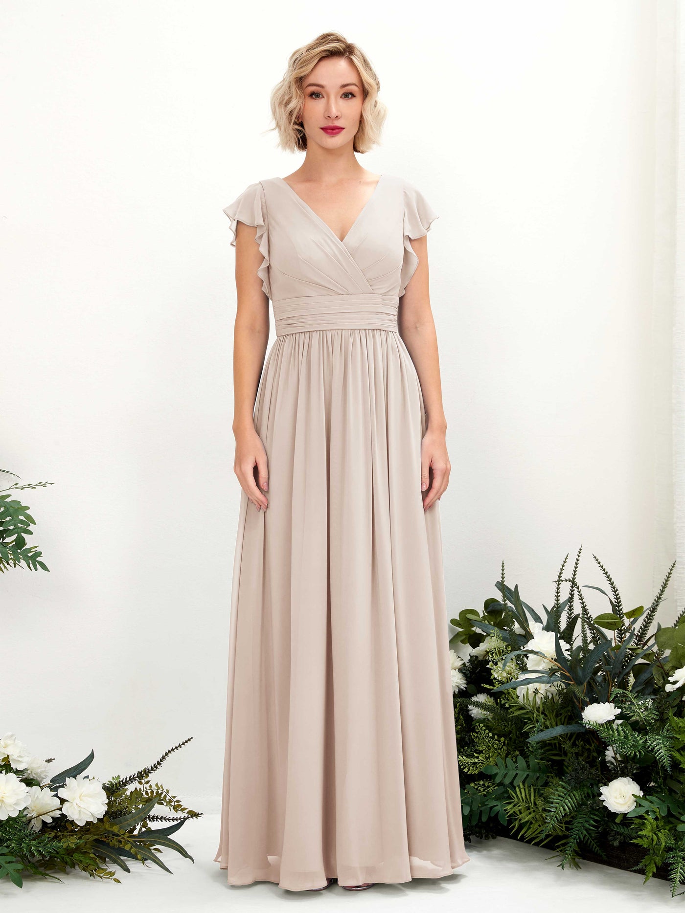 Champagne Bridesmaid Dresses Bridesmaid Dress A-line Chiffon V-neck Full Length Short Sleeves Wedding Party Dress (81222716)#color_champagne